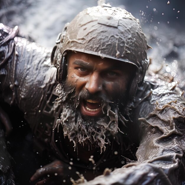 Photo un homme avec une barbe et une moustache court à travers l'eau