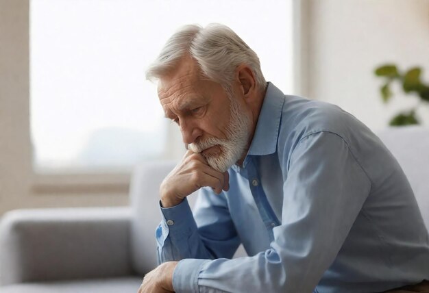 un homme avec une barbe et une moustache est assis sur un canapé