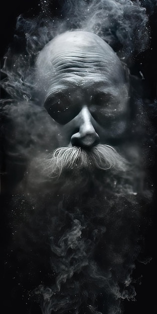 un homme avec une barbe et une moustache est montré dans un fond noir