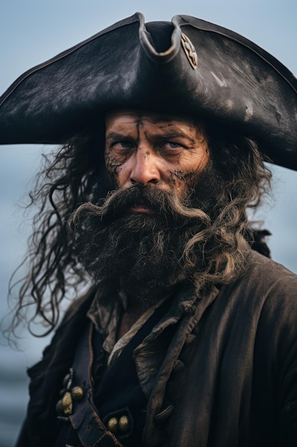 un homme avec une barbe et une moustache portant un chapeau de pirate