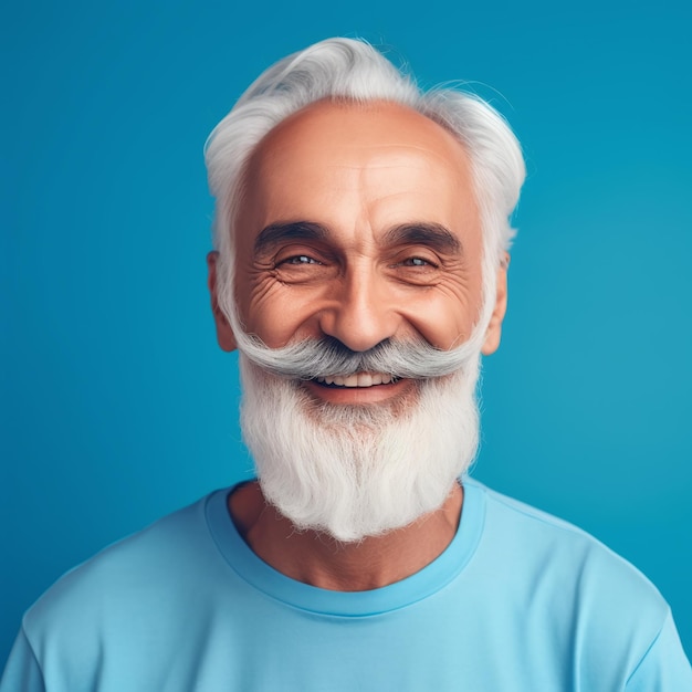 Un homme avec une barbe et une moustache portant une chemise bleue.