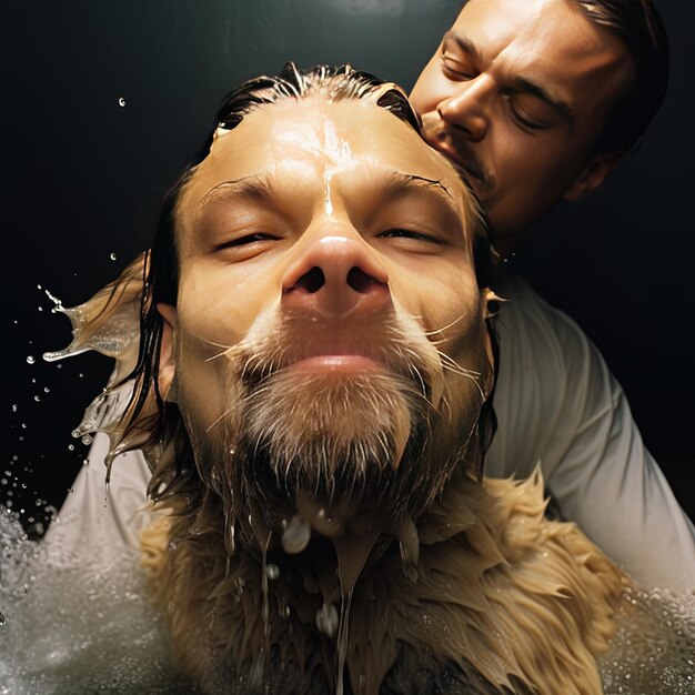 Photo un homme avec une barbe et une moustache se lave le visage avec de l'eau éclaboussée sur lui