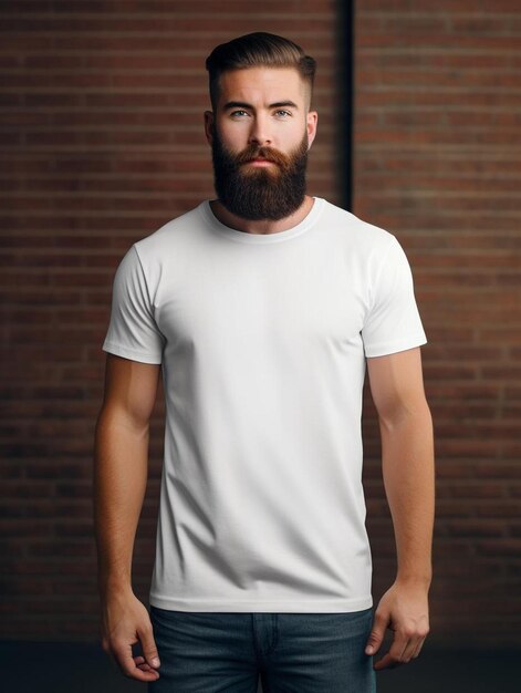 un homme avec une barbe et une moustache se tient devant un mur de briques.