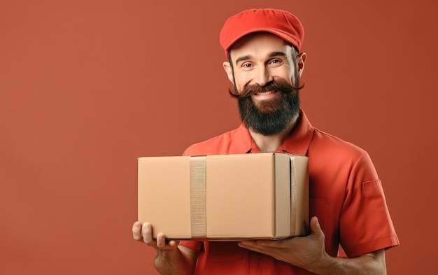 Un homme avec une barbe et une moustache tenant une boîte.