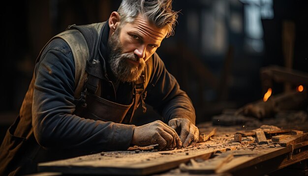 Photo un homme avec une barbe et une moustache travaille sur un morceau de bois