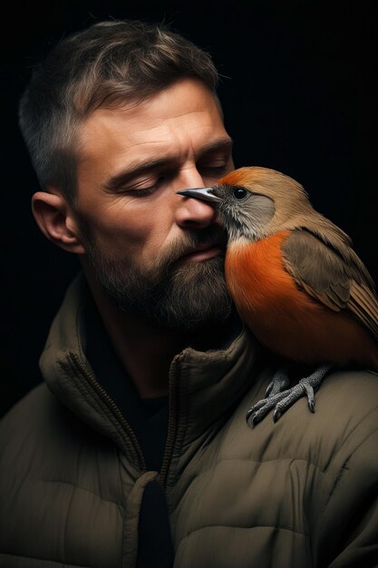 Photo un homme avec une barbe et un oiseau sur son épaule ia générative