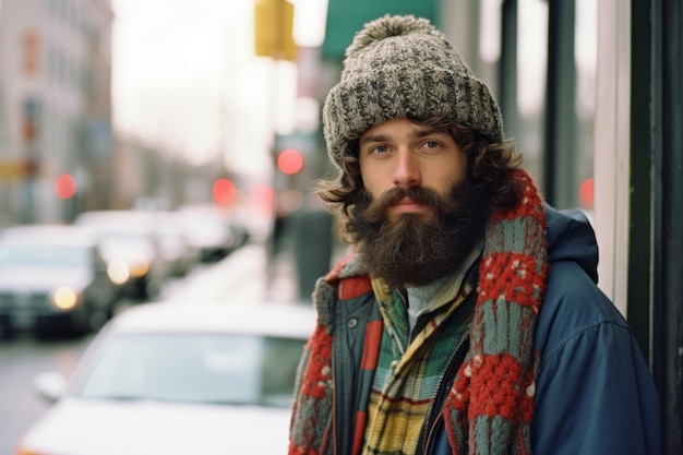 un homme avec une barbe portant un chapeau et une écharpe