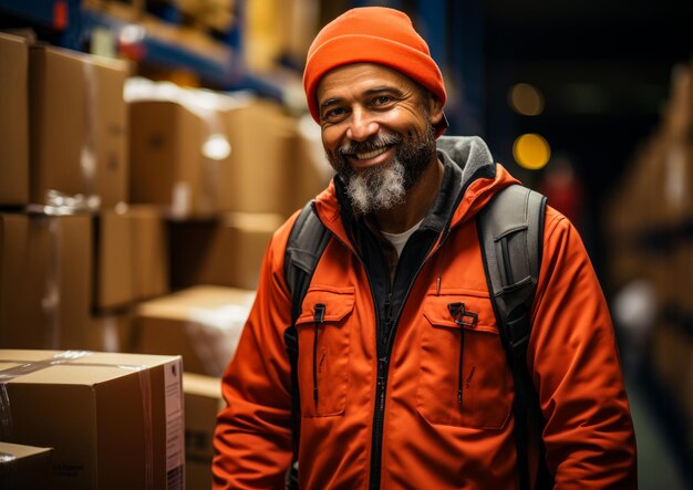 Un homme à barbe portant un chapeau orange