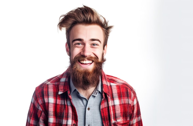 Un homme avec une barbe portant une chemise à carreaux rouge.