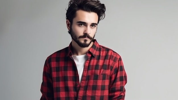 Un homme avec une barbe portant une chemise de flanelle rouge et noire.