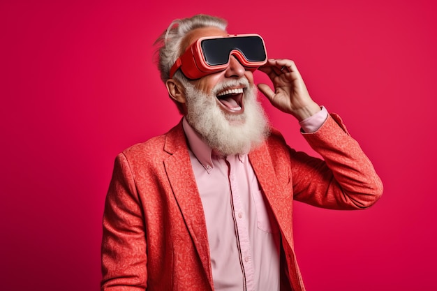 Homme à la barbe portant un costume rouge et une paire de lunettes 3D rouges Generative AI