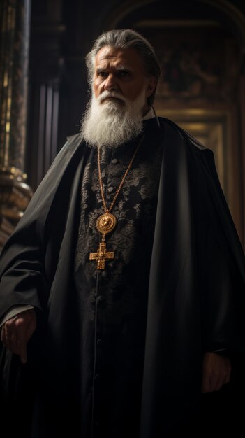 Photo un homme à barbe portant une robe noire et un collier de croix en or