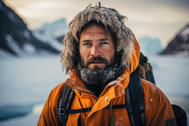 un homme avec une barbe portant une veste avec une cape de fourrure