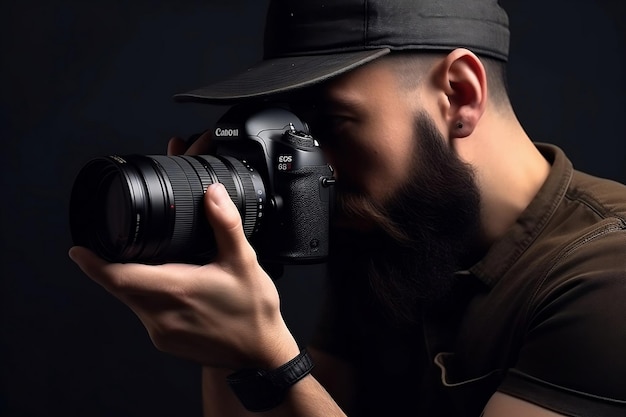 Photo un homme avec une barbe prend une photo d'un appareil photo.