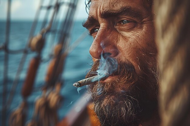 Un homme avec une barbe qui fume une cigarette