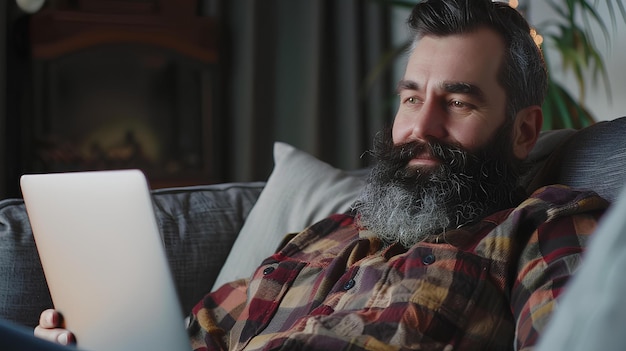 un homme avec une barbe regarde un ordinateur portable