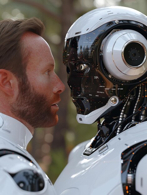 Photo un homme avec une barbe et un robot blanc avec les mots tête sur le visage