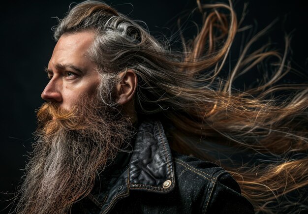 Un homme à la barbe robuste et aux cheveux soufflés par le vent