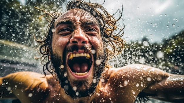 Un homme avec une barbe s'éclabousse dans une piscine remplie d'eau.