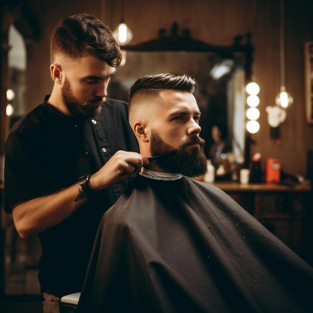 un homme avec une barbe se coupe les cheveux avec un peigne