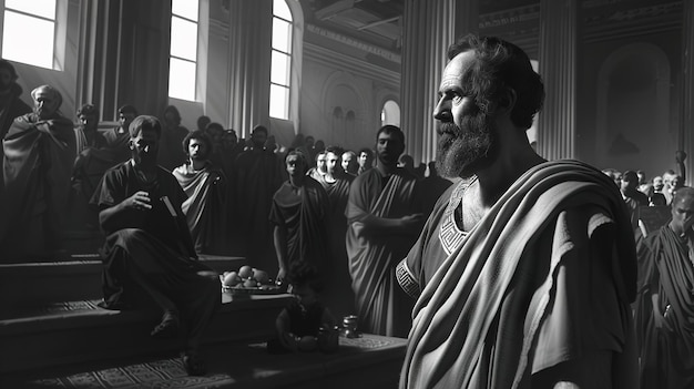 Photo un homme avec une barbe se tient devant un groupe de gens