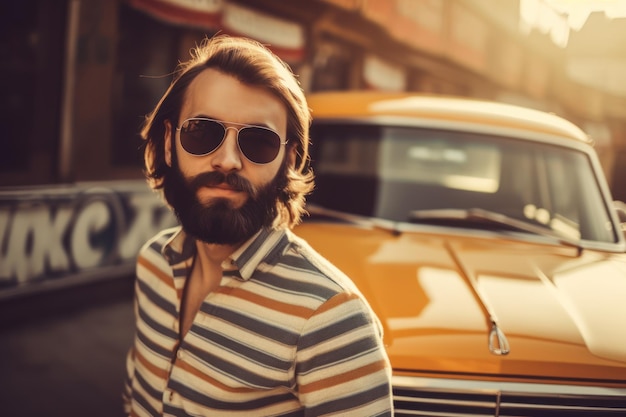 Un homme avec une barbe se tient devant une voiture jaune.