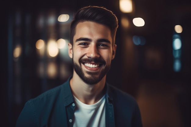 Un homme avec une barbe sourit à la caméra.