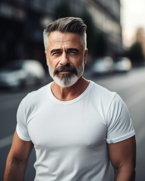 Un homme avec une barbe et un t-shirt blanc se tient dans la rue.