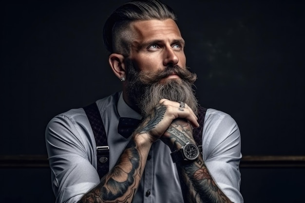 Un homme avec une barbe et des tatouages sur son bras est assis dans une pièce sombre.