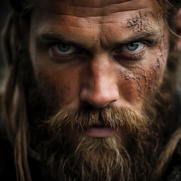 Un homme avec une barbe et des tatouages sur le visage