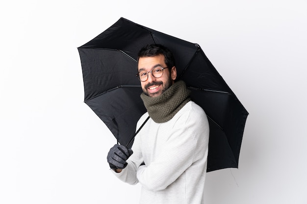 Homme, barbe, tenue, parapluie, isolé, mur