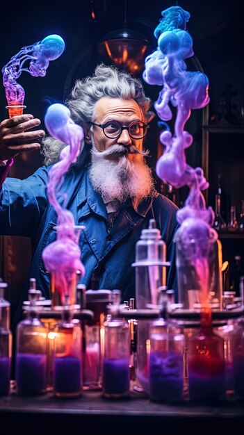 Photo un homme avec une barbe tient un verre avec un liquide violet