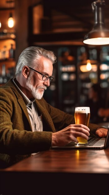 un homme avec une barbe travaille sur un ordinateur portable et boit de la bière.