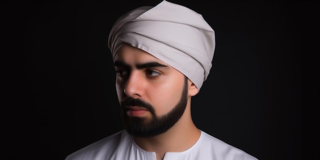 Un homme avec une barbe et un turban blanc sur la tête
