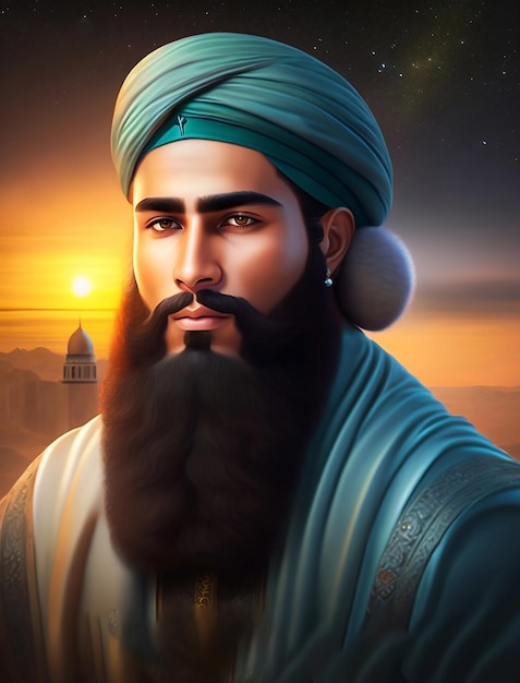 Un homme avec une barbe et un turban bleu