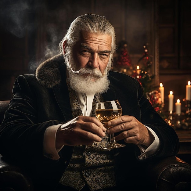 un homme avec une barbe et un verre de whisky