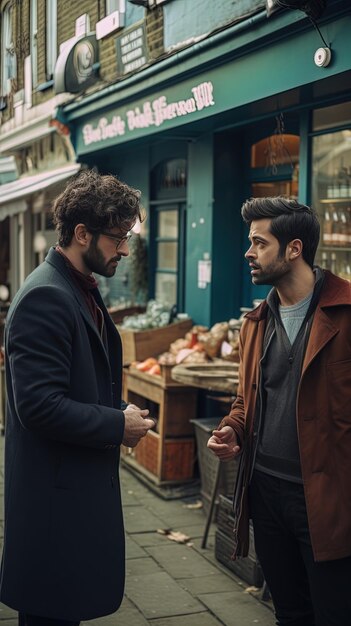 Photo un homme avec une barbe et une veste brune parle à un autre homme