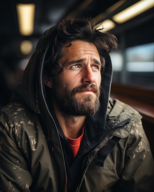 un homme avec une barbe et une veste à capuche assis dans un train