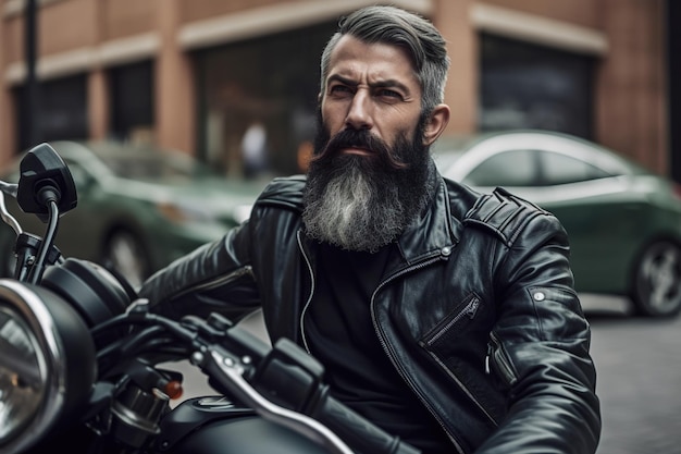 Un homme avec une barbe et une veste en cuir noir est assis sur une moto.