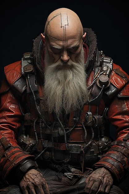 un homme avec une barbe et une veste en cuir rouge