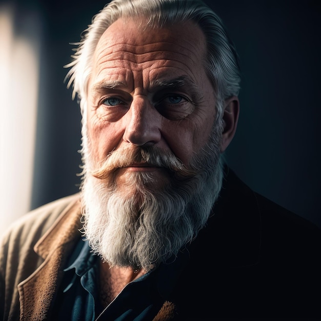 Un homme avec une barbe et une veste marron regarde la caméra.