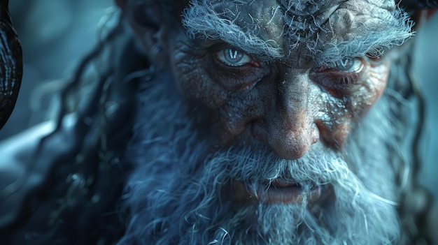 un homme avec une barbe et des yeux bleus regarde la caméra