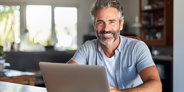 Un homme barbu d'âge moyen travaille à la maison à une table sur un ordinateur portable souriant heureux IA générative