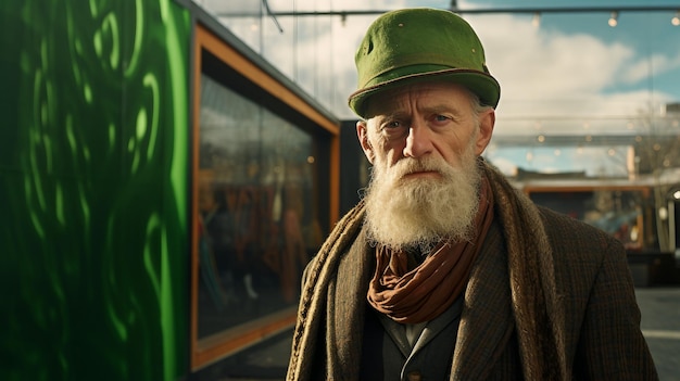 L'homme barbu au chapeau vert et à l'écharpe Jour de Saint-Patrick