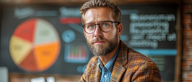 L'homme barbu aux lunettes devant le tableau