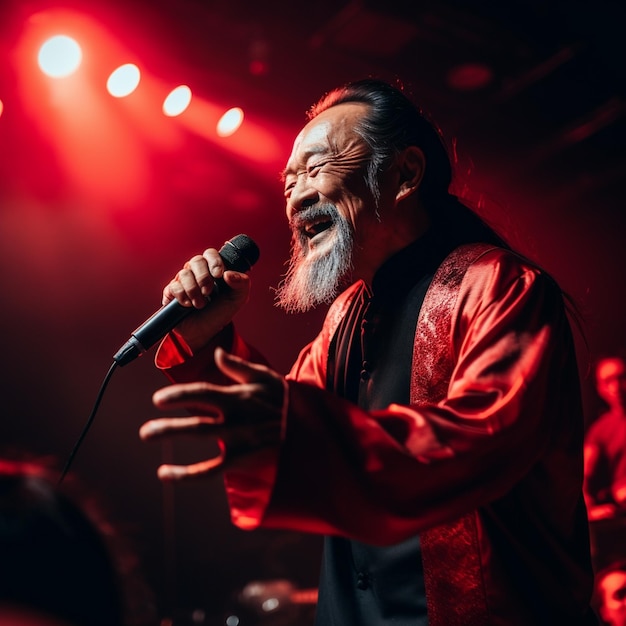 un homme barbu chante dans un micro.