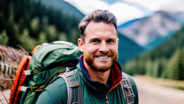 Photo un homme barbu charismatique souriant, un touriste avec un sac à dos se tient sur le fond de la route, des montagnes et des arbres.