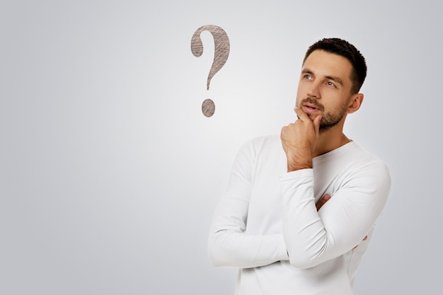 Un homme barbu en chemise blanche pose des questions.