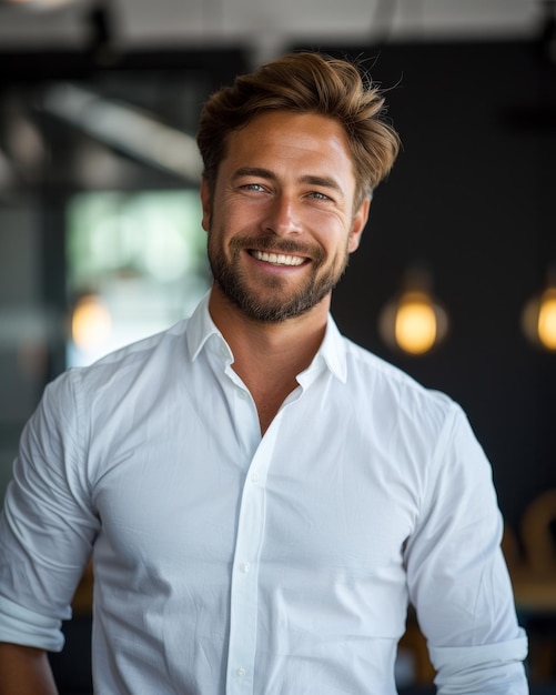 L'homme barbu en chemise blanche