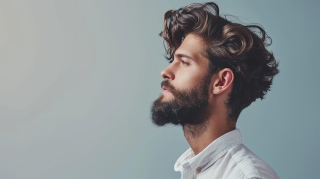 Un homme barbu confiant avec des cheveux élégants en chemise blanche.